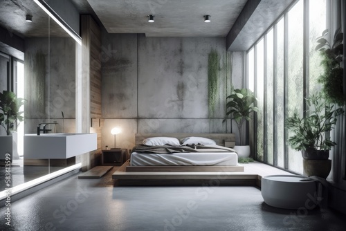 Modern concrete bedroom with white bathroom  minimalist design. Generative AI