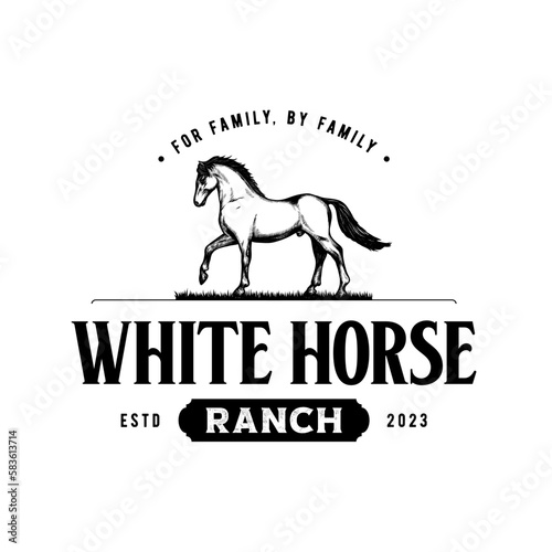 Horse Ranch Logo Template Vintage Hand Drawn Illustration and Vector Stock