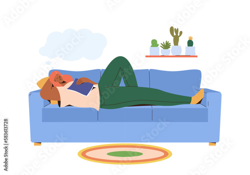 Sleeping woman on sofa with fallen book enjoys weekend recreation vector illustration