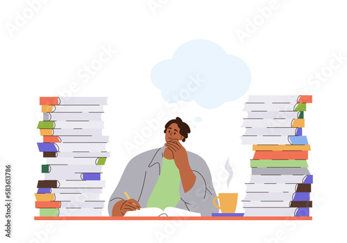 Overworked thoughtful man sitting with stack of paper documents on table vector illustration