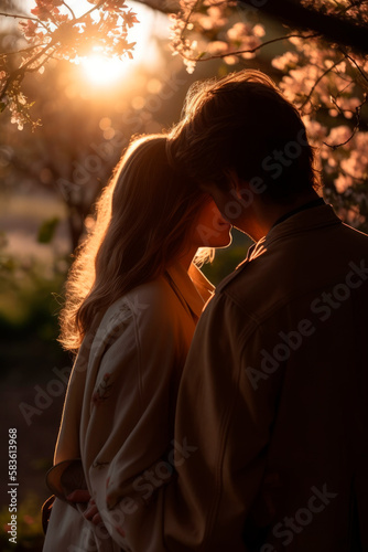 A couple in love lean on each other and cuddle in a park on a summer evening as the sun sets. Back view. Generative AI