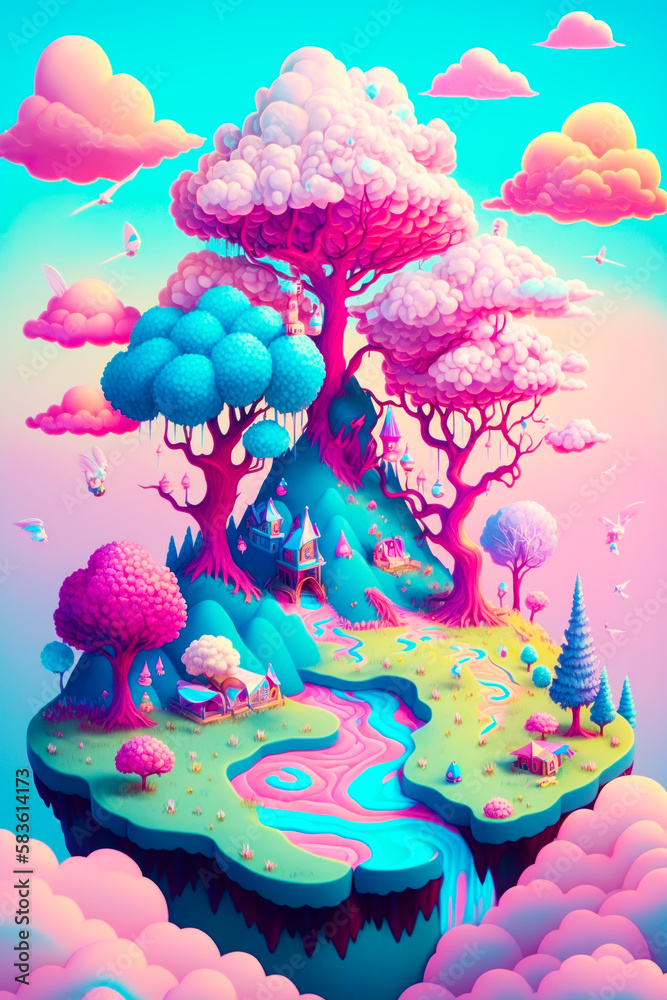 colorful landscape with trees and stream in the middle of it. Generative AI.