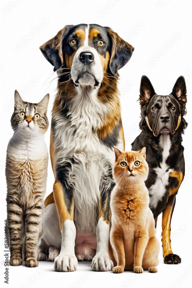 Dog, cat, and dog sitting next to each other in front of white background. Generative AI.