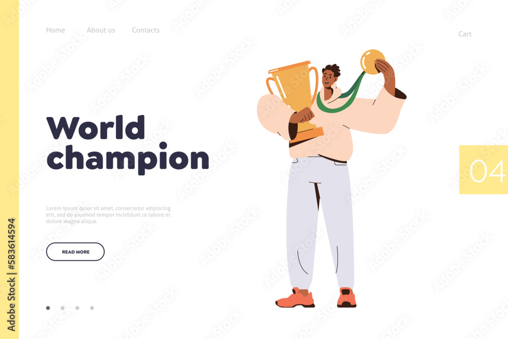 Obraz premium Landing page design template with world champion man character holding trophy cup and medal