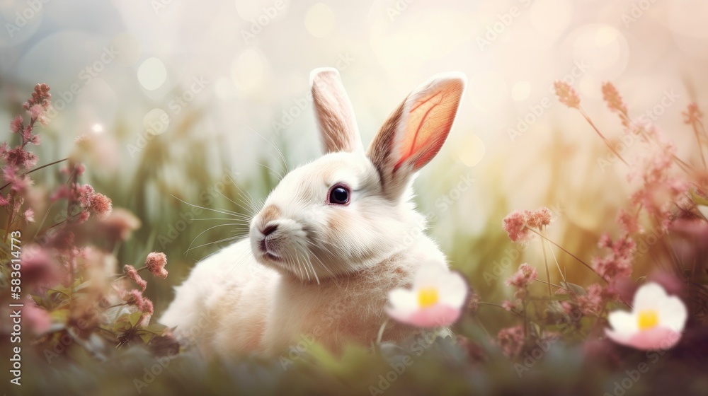 Rabbits on a spring background in the forest in good weather. Generative AI