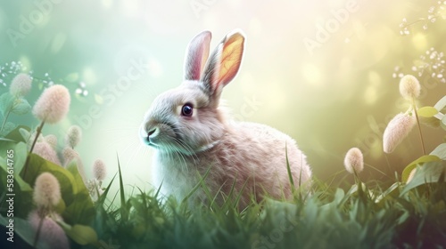 Rabbits on a spring background in the forest in good weather. Generative AI