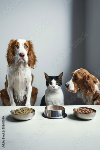 Two dogs and cat are sitting at table with bowls of food. Generative AI. © valentyn640