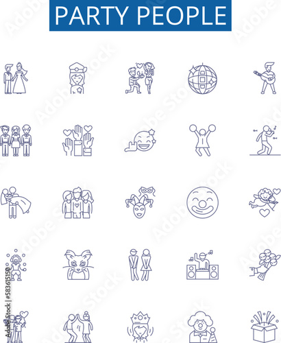 Party people line icons signs set. Design collection of Festive, revelers, merrymakers, attendants, celebrants, guests, invitees, merry goers outline concept vector illustrations