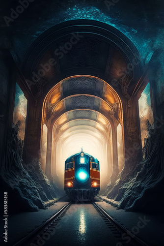 Train traveling through tunnel with bright light at the end of the tunnel. Generative AI.