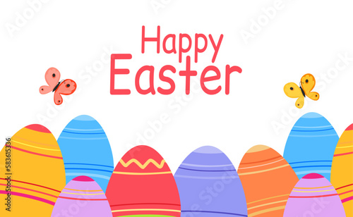 Easter eggs, festive attribute and decor. Bright different colored eggs with ornament and happy Easter handwritten lettering. Print for card, family holiday decor, greeting card, banner, invitation.