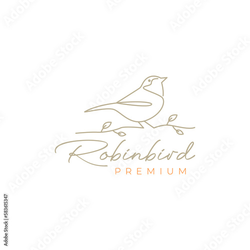 animal bird perched robin twig leaf tree feminine line art logo design vector