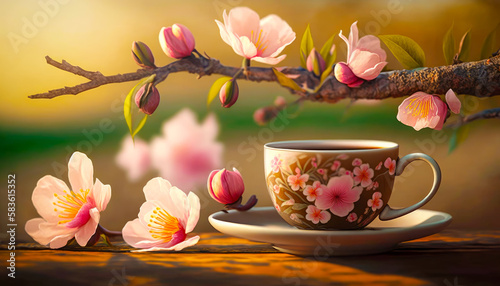 cup and saucer on table with pink flowers. Generative AI.