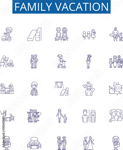 Family vacation line icons signs set. Design collection of Vacation, Family, Trip, Tour, Journey, Holiday, Adventure, Outing outline concept vector illustrations