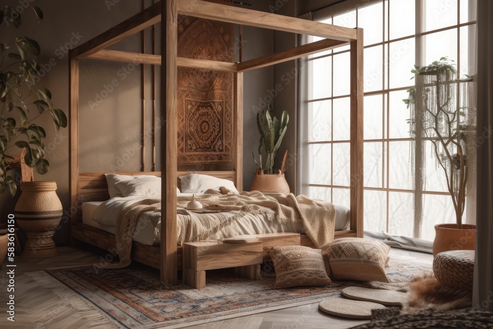 Bohemian wooden bedroom with canopy bed in boho style