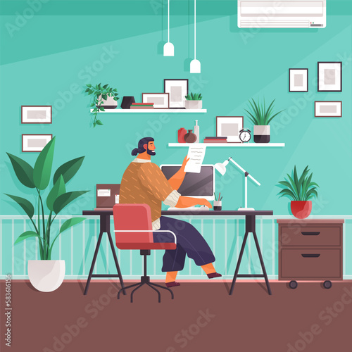 Office worker at table holding document in hand. Businessman or clerk working at his home office workplace. Enterpreneur with piece of paper reads report, professional guide, manual or instruction