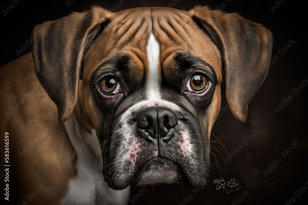 Powerful and Playful: The Boxer Dog's Unique Personality Captured on Dark Background Powerful and Playful: The Boxer Dog's Unique Personality Captured on Dark Background