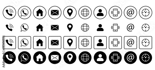 Illustration of vector graphics of the contact design template. A set of badges with biographical data on the business card of communication with the company. Phone, website, address, location.