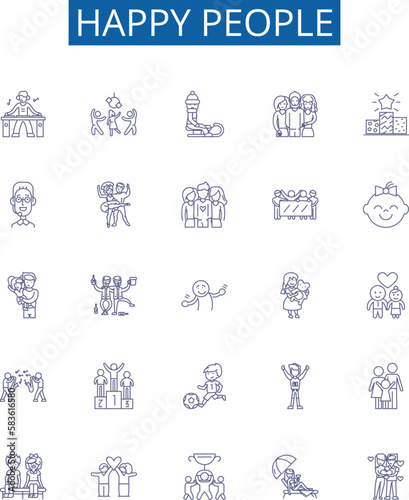Happy people line icons signs set. Design collection of Cheerful, Joyful, Grinning, Content, Gleeful, Carefree, Mirthful, Blissful outline concept vector illustrations