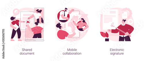 Collaborative document abstract concept vector illustration set. Shared document, mobile collaboration, electronic signature, public folder access, editing online, cloud service abstract metaphor.