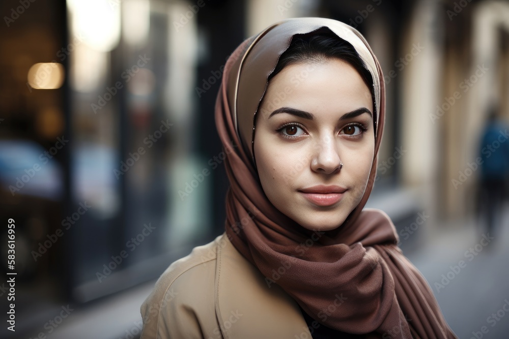 A very beautiful young woman with a hijab covering her head. Generative AI A very beautiful young woman with a hijab covering her head. Generative AI