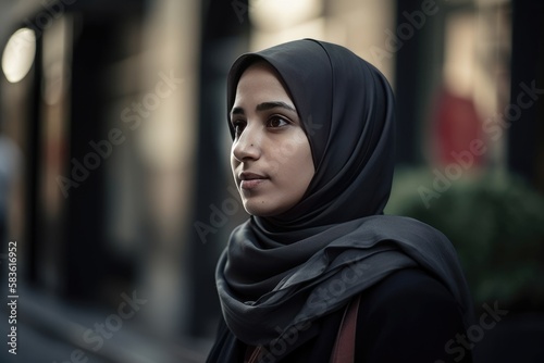 A very beautiful young woman with a hijab covering her head. Generative AI © Gelpi