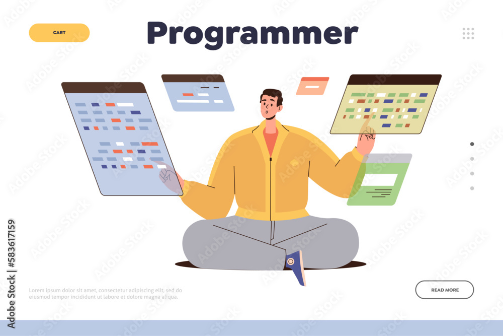 Programmer landing page template man writing software code working on computers at workplace Programmer landing page template man writing software code working on computers at workplace