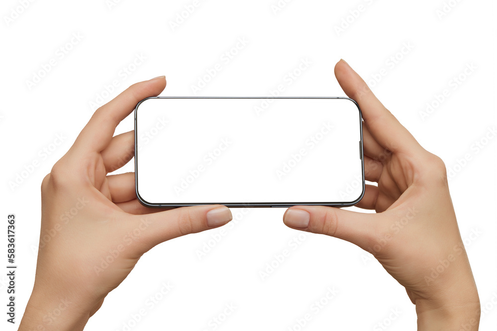 Female hands holding modern mobile phone with blank screen with clipping path isolated at white background. Cellphone mockup. Media watching Female hands holding modern mobile phone with blank screen with clipping path isolated at white background. Cellphone mockup. Media watching