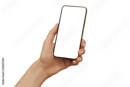 Female hand holding modern mobile phone with blank screen with clipping path isolated at white background. Cellphone mockup.