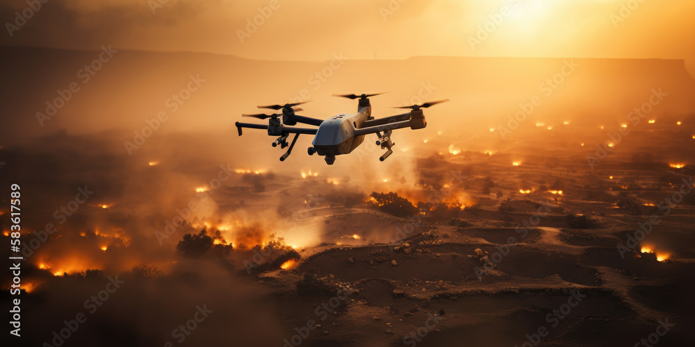 Fototapeta premium Military drone over a war zone at sunset by generative AI 