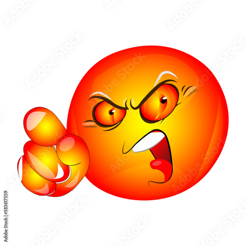Aggressive angry emoticon with the features of an evil kolobok. Points with a finger.