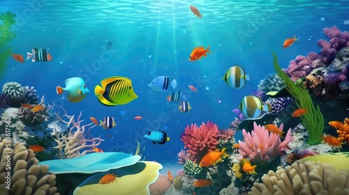Animals of the underwater sea world. Ecosystem. Colorful tropical fish. Generative AI
