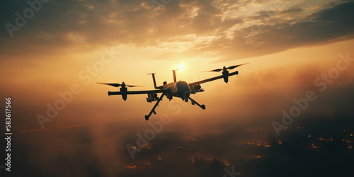 Military drone silhouetted by the sunset by generative AI