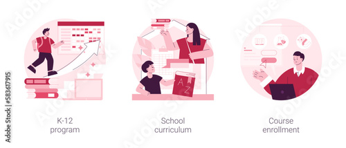 Public school abstract concept vector illustration set. K-12 program, school curriculum, course enrollment, learning calendar, education plan, degree program, new student abstract metaphor.