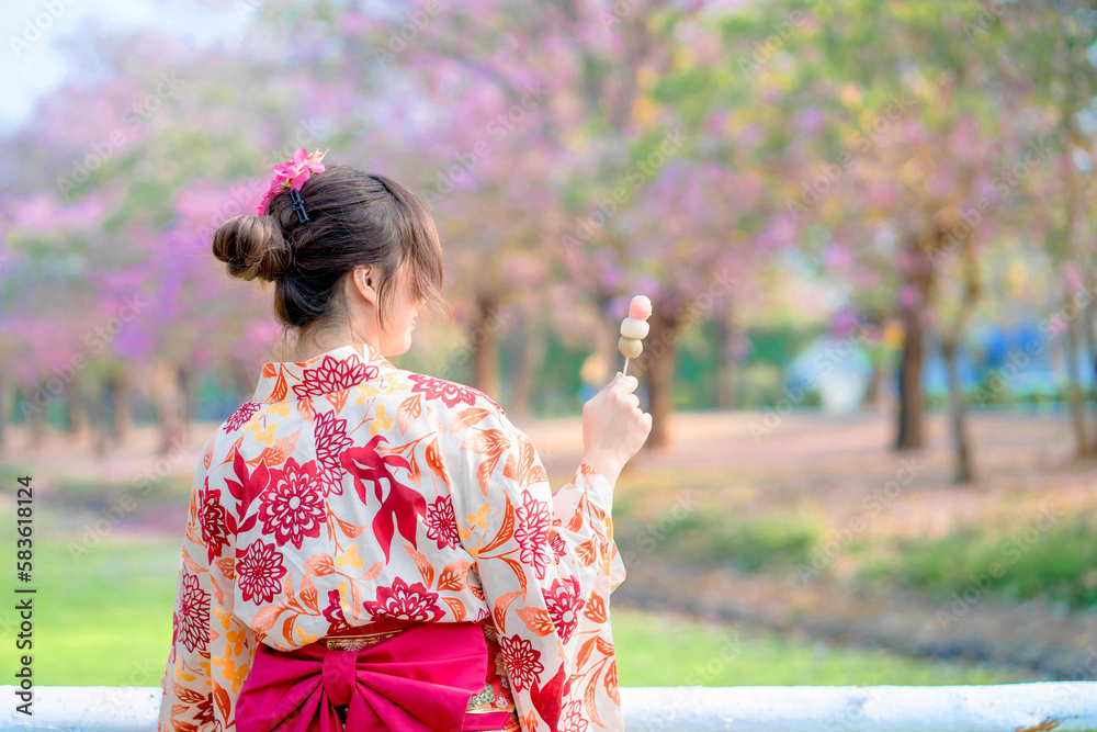 Back of Japanese woman in traditional kimono dress enjoy travel and holding dango at bridge in spring festival. Back of Japanese woman in traditional kimono dress enjoy travel and holding dango at bridge in spring festival.