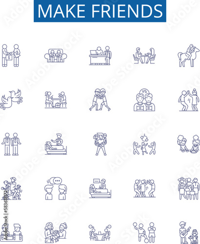 Make friends line icons signs set. Design collection of Connect, Mingle, Socialize, Acquaint, Network, Associate, Join, Unite outline concept vector illustrations