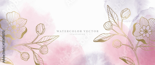 Vector pink watercolor background with gold flowers, branches and leaves for decor, covers, backgrounds