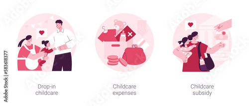 Daycare service abstract concept vector illustration set. Drop-in childcare, childcare expenses, childcare subsidy, family budget, nursery school, part-time kindergarten, tax credit abstract metaphor.