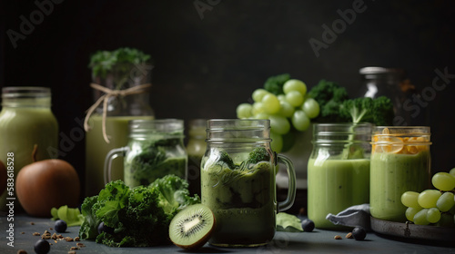 glass jar mugs filled with the green health smoothie. Generative Ai