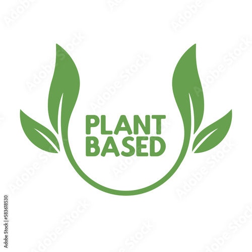 Plant based label. Text inside a circle with leaves around. Vegan friendly badge.