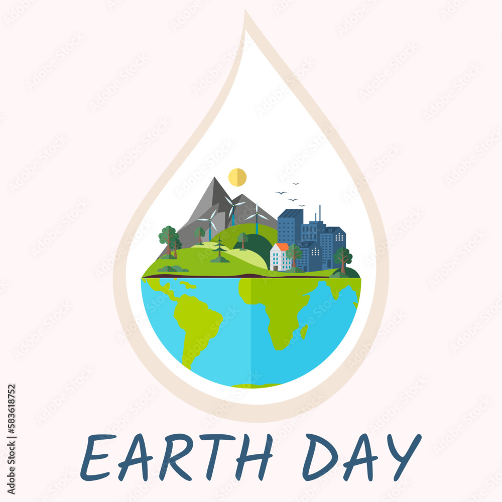 Naklejka premium Save our planet earth, ecology eco environmental protection, climate changes, Earth Day April 22, planet with leaves vector emblem. Presentation of nature, health, eco lifestyle with globe and plants