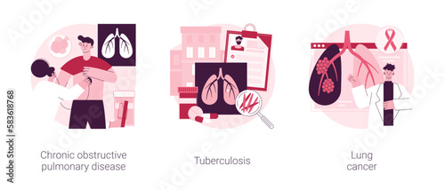 Lung issues abstract concept vector illustration set. Chronic obstructive pulmonary disease, tuberculosis and lung cancer, chronic bronchitis, emphysema, fighting disease abstract metaphor.