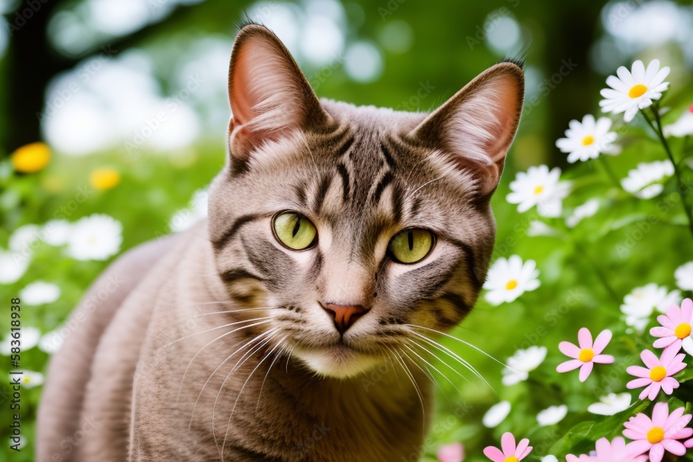AI Springtime Serenity: Captivating Portraits of Beautiful Cats Surrounded by Lush Blooms, Blossoming Trees, and Verdant Landscapes, Evoking the Beauty and Renewal of Nature's Most Enchanting Season