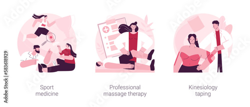 Sport healthcare abstract concept vector illustration set. Sport medicine, professional massage therapy, kinesiology taping, pain management, wellness services, bandage application abstract metaphor.