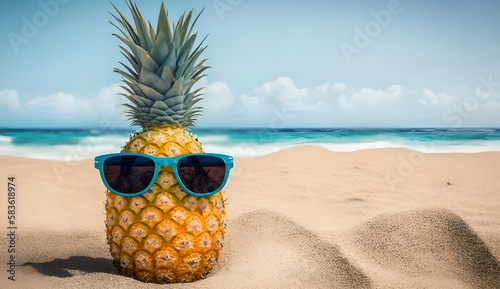 cool summer pineapple wearing sunglasses on a tropical beach holiday