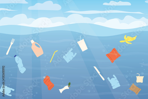 garbage floating in polluted ocean, save environment, oceans concept - vector illustration