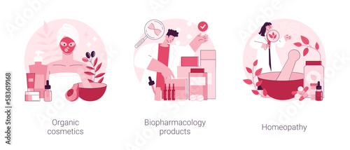 Beauty industry abstract concept vector illustration set. Organic cosmetics, biopharmacology products, homeopathy, skin treatment, natural pharmacy, nutrition supplement, holistic abstract metaphor.