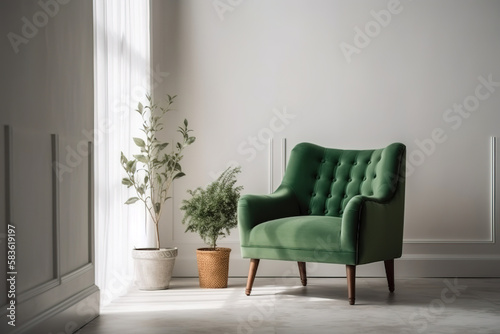 Interior de una vivienda con un elegante sill  n  pared vac  a en el fondo y algunos elementos de decoraci  n  estilo minimalista. IA generative