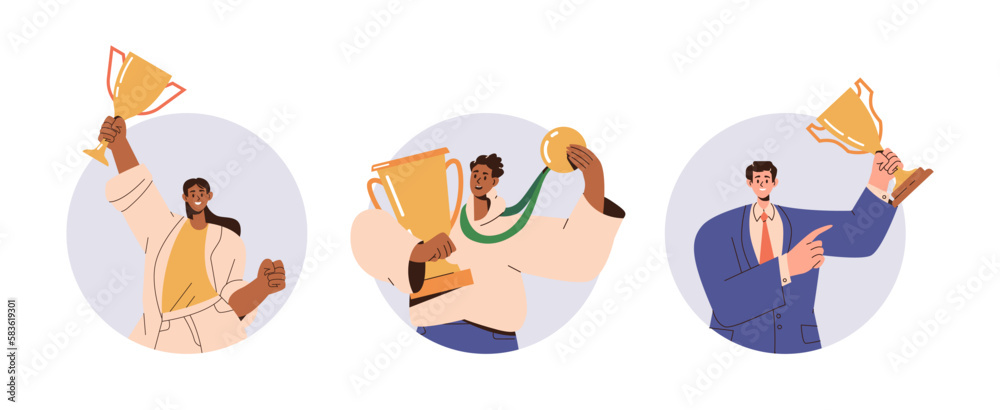 Set of succeed business people with golden trophy cup getting reward or prize for achievement