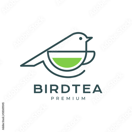 morning bird with tea cup warm minimal line modern logo design vector