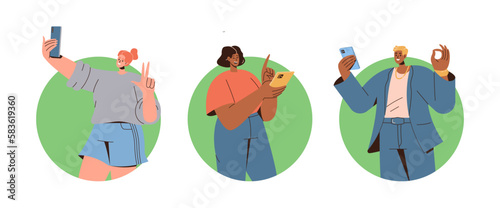 Excited and satisfied young people using different mobile phone applications isolated scene set